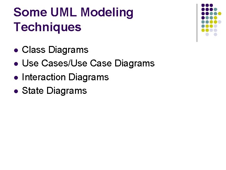 Some UML Modeling Techniques l l Class Diagrams Use Cases/Use Case Diagrams Interaction Diagrams Some UML Modeling Techniques l l Class Diagrams Use Cases/Use Case Diagrams Interaction Diagrams