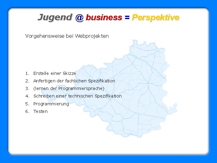 Jugend @ business = Perspektive Vorgehensweise bei Webprojekten 1. Erstelle einer Skizze 2. Anfertigen
