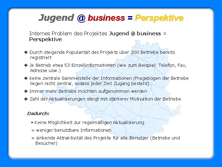 Jugend @ business = Perspektive Internes Problem des Projektes Jugend @ business = Perspektive