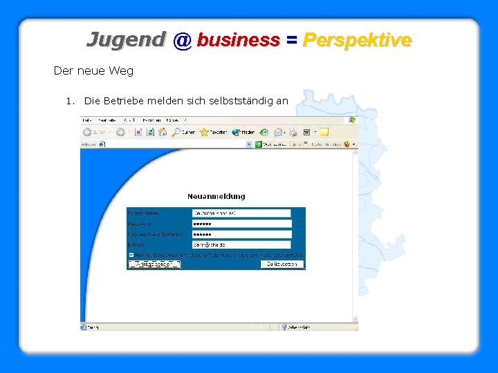 Jugend @ business = Perspektive Der neue Weg 1. Die Betriebe melden sich selbstständig