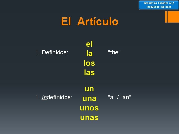 Gramática Español A 1/ Jacqueline Espinoza El Artículo 1. Definidos: 1. Indefinidos: el la