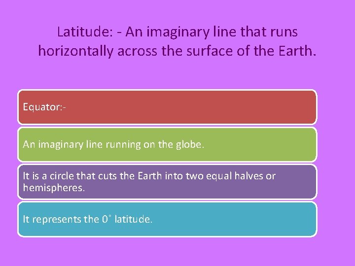 Latitude: - An imaginary line that runs horizontally across the surface of the Earth.