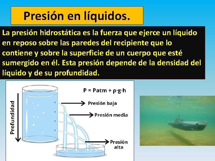 Presión en líquidos. La presión hidrostática es la fuerza que ejerce un líquido en