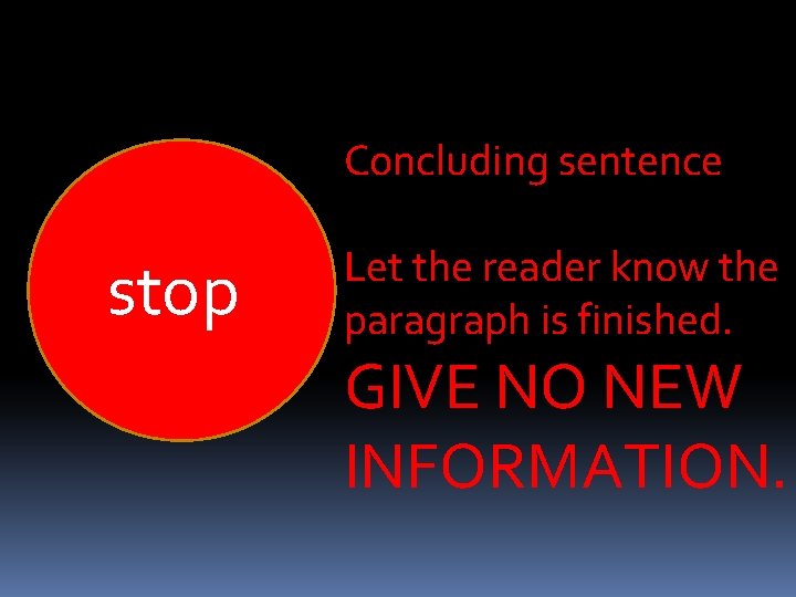 Concluding sentence stop Let the reader know the paragraph is finished. GIVE NO NEW
