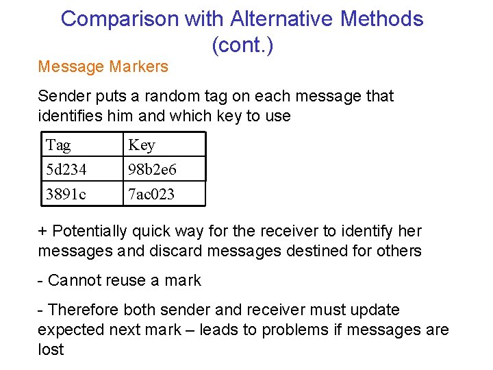 Comparison with Alternative Methods (cont. ) Message Markers Sender puts a random tag on