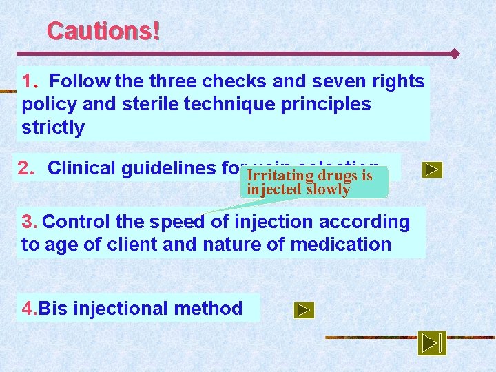 Cautions! 1．Follow the three checks and seven rights policy and sterile technique principles strictly