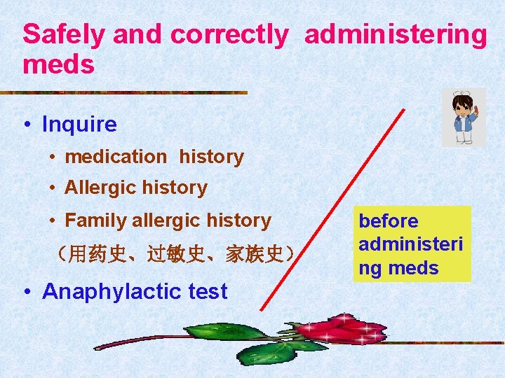 Safely and correctly administering meds • Inquire • medication history • Allergic history •