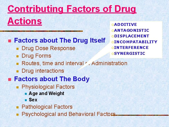 Contributing Factors of Drug Actions ADDITIVE ¡ ¡ANTAGONISTIC n Factors about The Drug Itself
