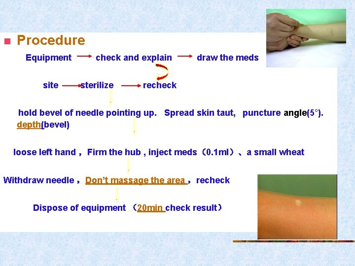 n Procedure Equipment site check and explain sterilize draw the meds recheck hold bevel