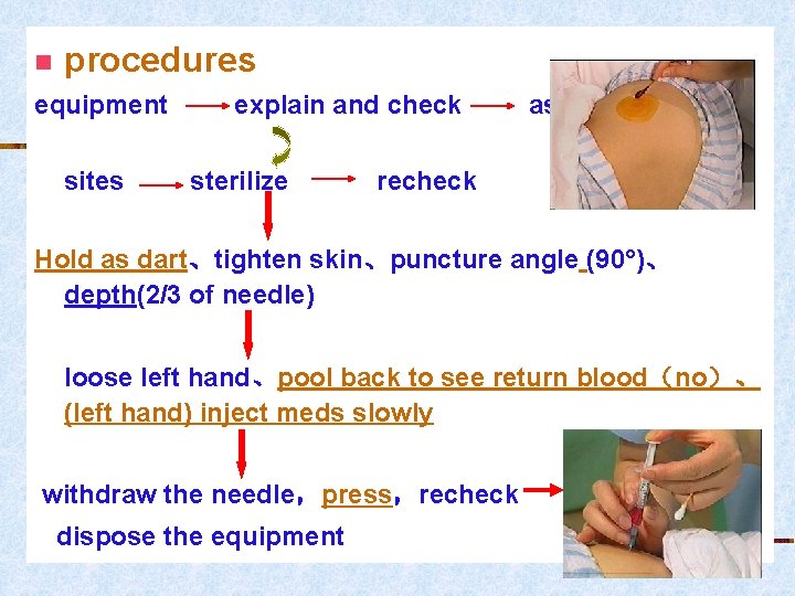 n procedures equipment sites explain and check sterilize aspirate meds recheck Hold as dart、tighten