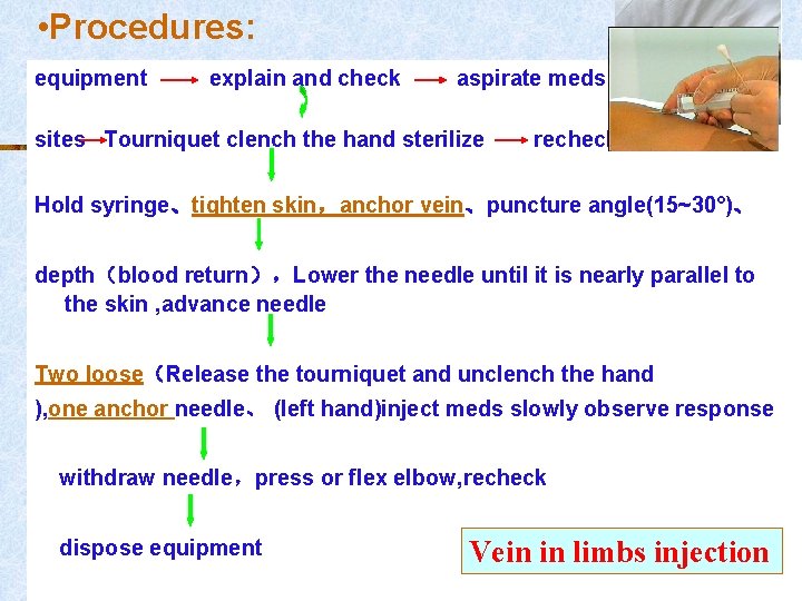  • Procedures: equipment explain and check aspirate meds sites Tourniquet clench the hand