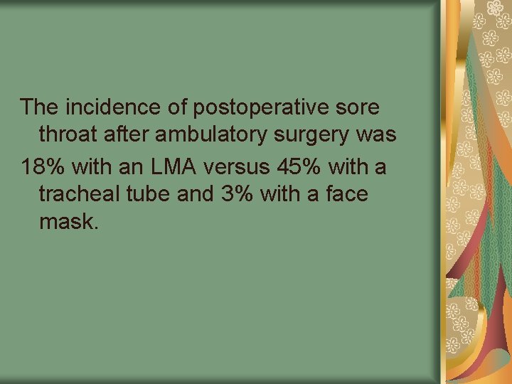 The incidence of postoperative sore throat after ambulatory surgery was 18% with an LMA