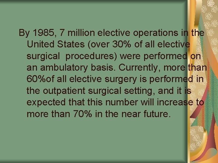 By 1985, 7 million elective operations in the United States (over 30% of all