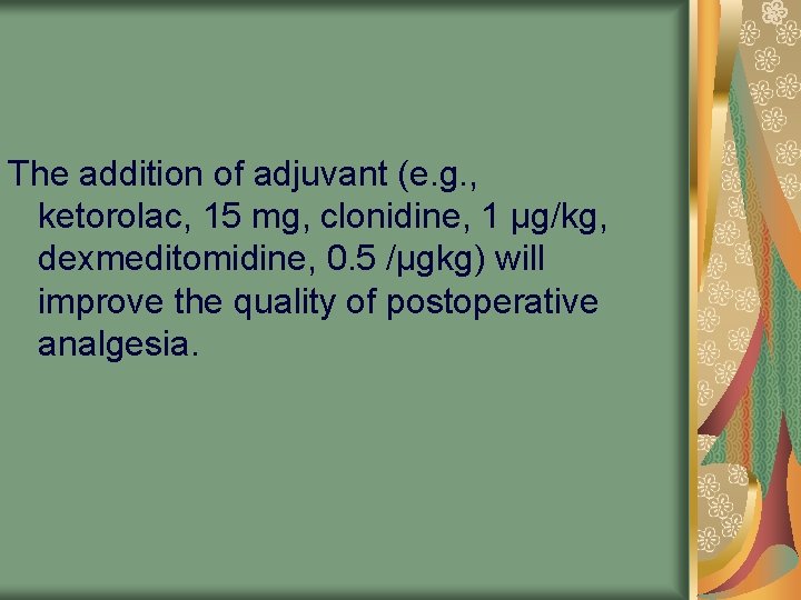 The addition of adjuvant (e. g. , ketorolac, 15 mg, clonidine, 1 µg/kg, dexmeditomidine,