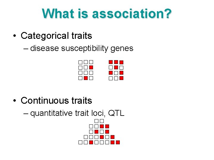 What is association? • Categorical traits – disease susceptibility genes • Continuous traits –