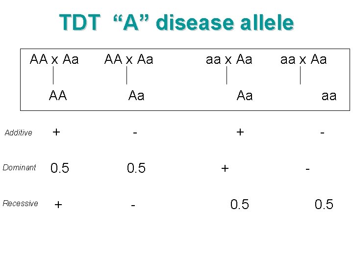 TDT “A” disease allele AA x Aa AA Aa Additive + - Dominant 0.