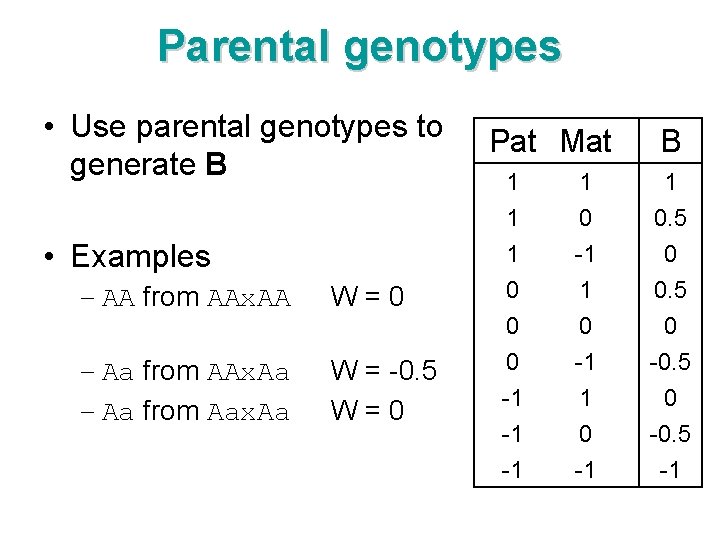 Parental genotypes • Use parental genotypes to generate B • Examples – AA from
