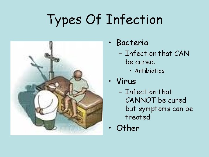 Types Of Infection • Bacteria – Infection that CAN be cured. • Antibiotics •