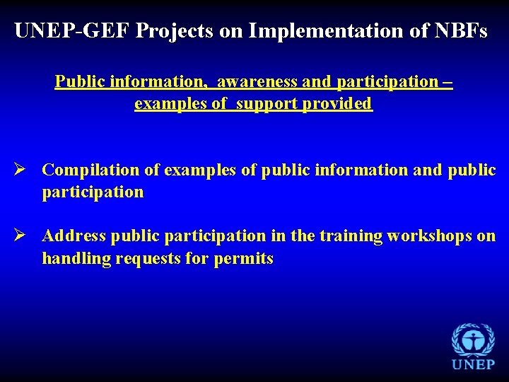 UNEP-GEF Projects on Implementation of NBFs Public information, awareness and participation – examples of