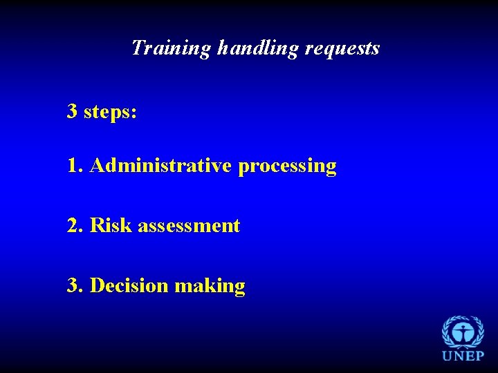 Training handling requests 3 steps: 1. Administrative processing 2. Risk assessment 3. Decision making