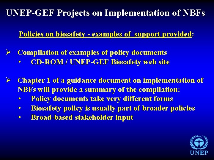 UNEP-GEF Projects on Implementation of NBFs Policies on biosafety - examples of support provided: