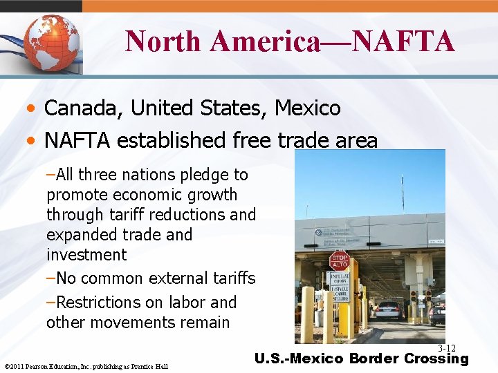North America—NAFTA • Canada, United States, Mexico • NAFTA established free trade area –All