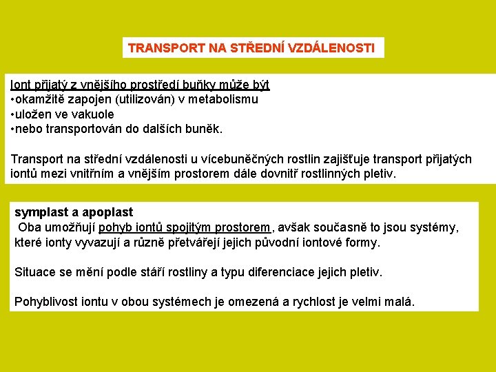 TRANSPORT NA STŘEDNÍ VZDÁLENOSTI Iont přijatý z vnějšího prostředí buňky může být • okamžitě