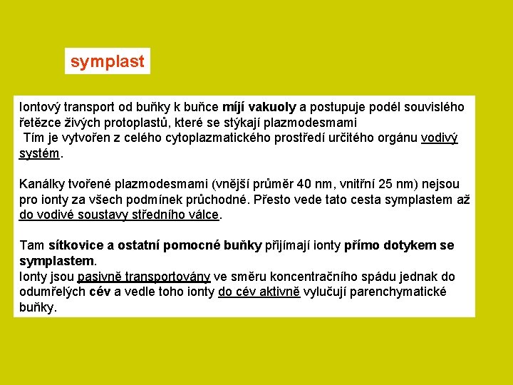 symplast Iontový transport od buňky k buňce míjí vakuoly a postupuje podél souvislého řetězce