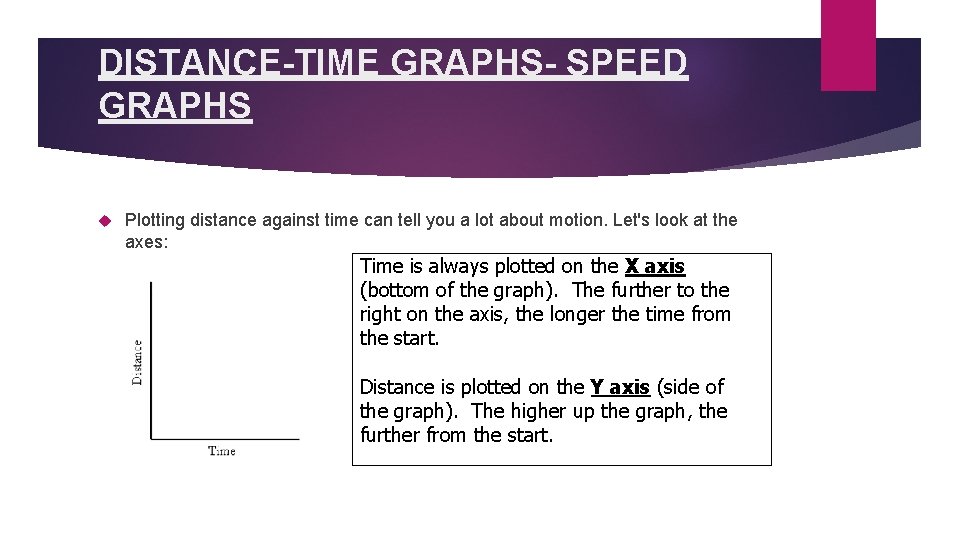 DISTANCE-TIME GRAPHS- SPEED GRAPHS Plotting distance against time can tell you a lot about