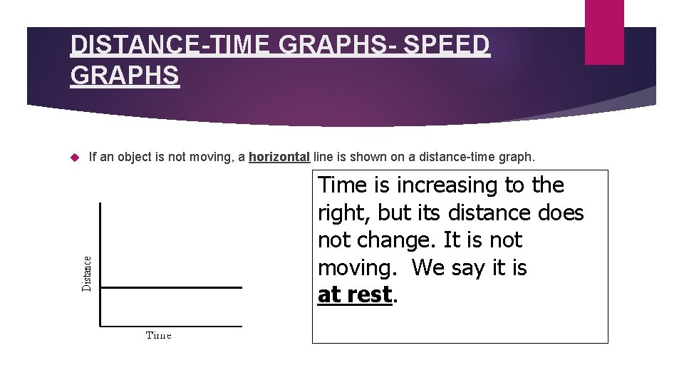 DISTANCE-TIME GRAPHS- SPEED GRAPHS If an object is not moving, a horizontal line is