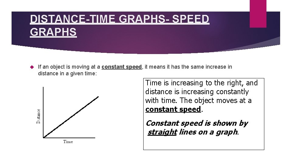 DISTANCE-TIME GRAPHS- SPEED GRAPHS If an object is moving at a constant speed, it