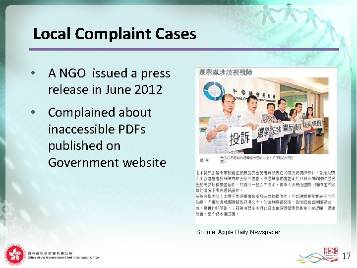 Local Complaint Cases • A NGO issued a press release in June 2012 •