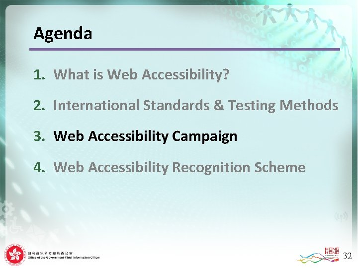 Agenda 1. What is Web Accessibility? 2. International Standards & Testing Methods 3. Web