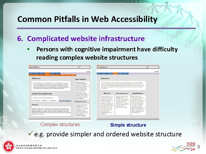 Common Pitfalls in Web Accessibility 6. Complicated website infrastructure • Persons with cognitive impairment