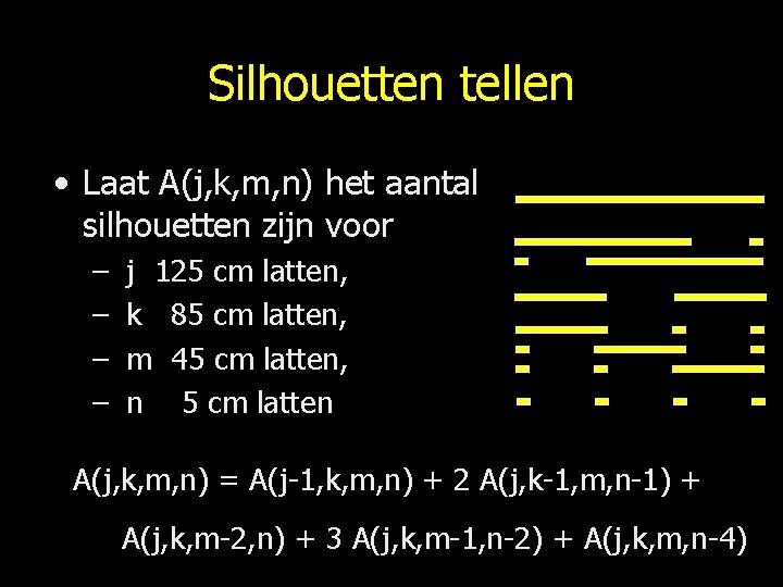 Silhouetten tellen • Laat A(j, k, m, n) het aantal silhouetten zijn voor –