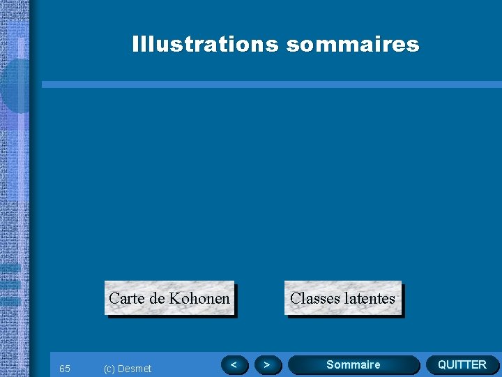 Illustrations sommaires Carte de Kohonen 65 (c) Desmet Classes latentes < > Sommaire QUITTER