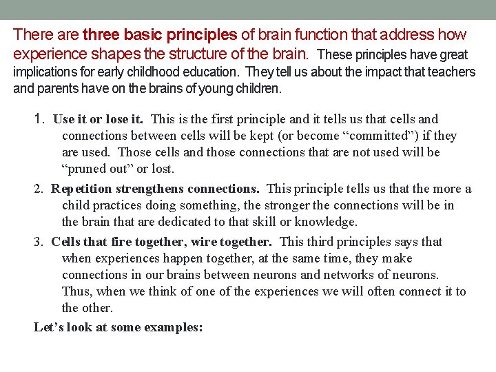 There are three basic principles of brain function that address how experience shapes the