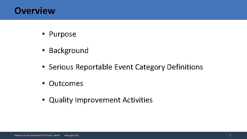 Overview • Purpose • Background • Serious Reportable Event Category Definitions • Outcomes •