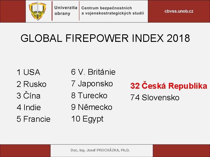 GLOBAL FIREPOWER INDEX 2018 1 USA 2 Rusko 3 Čína 4 Indie 5 Francie