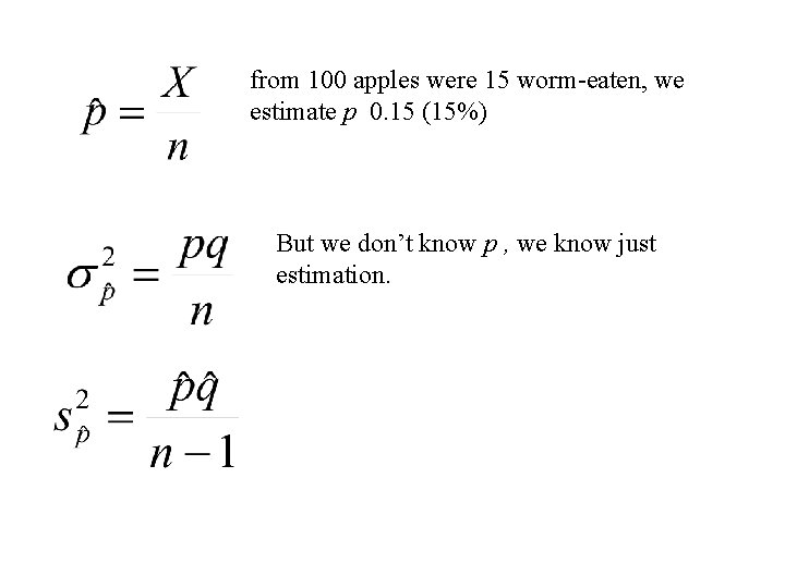 from 100 apples were 15 worm-eaten, we estimate p 0. 15 (15%) But we