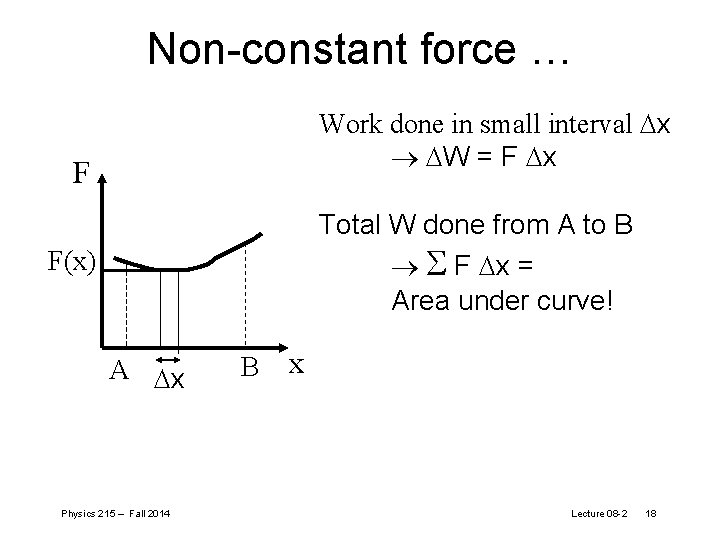 Non-constant force … Work done in small interval Dx DW = F Dx F