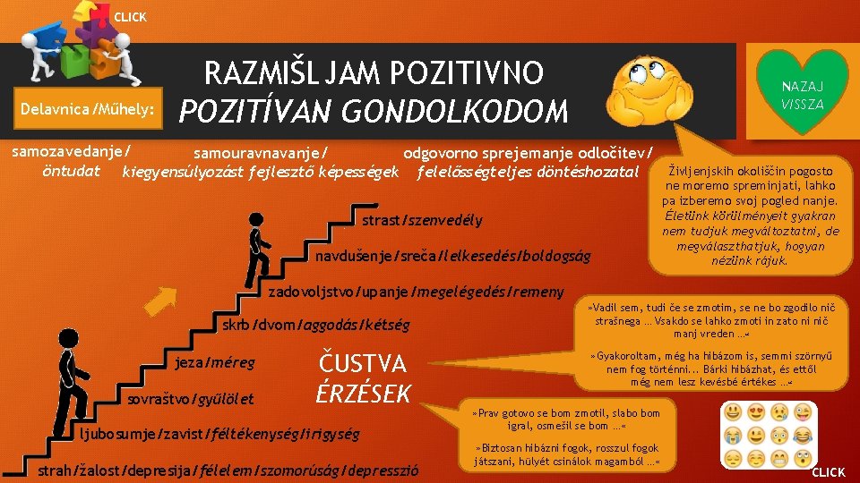 CLICK Delavnica/Műhely: RAZMIŠLJAM POZITIVNO POZITÍVAN GONDOLKODOM NAZAJ VISSZA samozavedanje/ samouravnavanje/ odgovorno sprejemanje odločitev/ öntudat