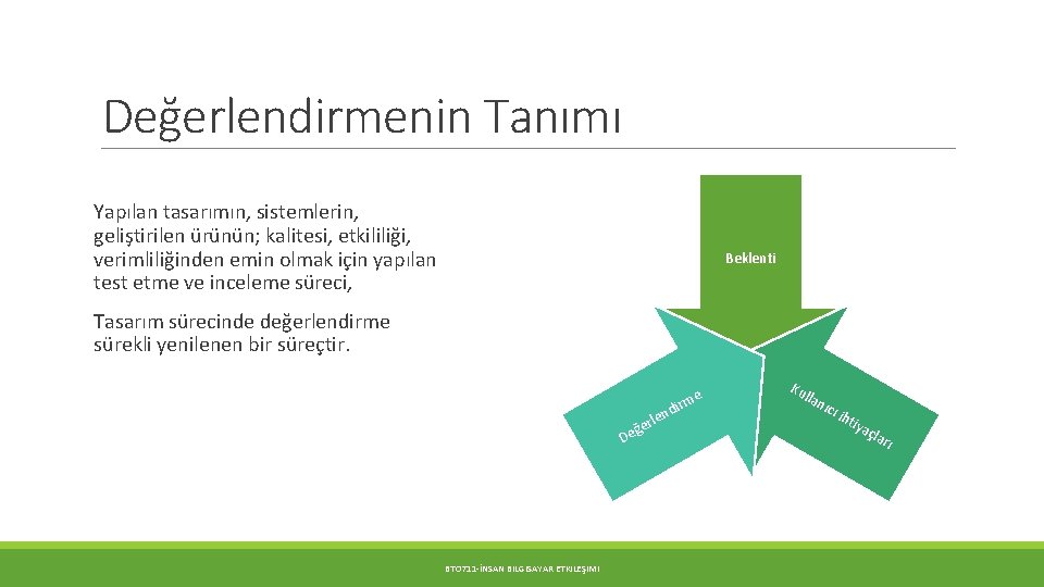 Değerlendirmenin Tanımı Yapılan tasarımın, sistemlerin, geliştirilen ürünün; kalitesi, etkililiği, verimliliğinden emin olmak için yapılan