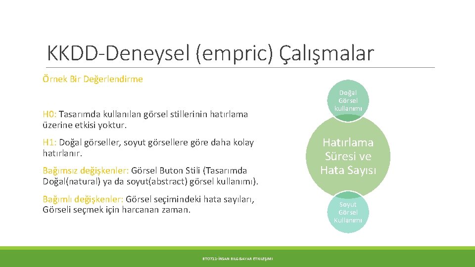 KKDD-Deneysel (empric) Çalışmalar Örnek Bir Değerlendirme H 0: Tasarımda kullanılan görsel stillerinin hatırlama üzerine