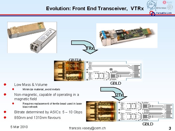 Evolution: Front End Transceiver, VTRx Versatile Link TRx GBTIA ROSA TOSA ● ● ●