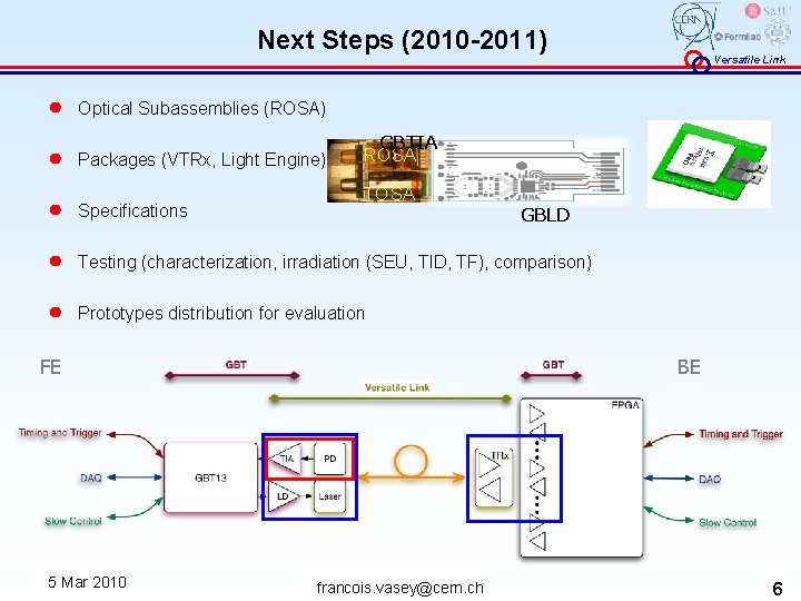 Next Steps (2010 -2011) ● ● Versatile Link Optical Subassemblies (ROSA) Packages (VTRx, Light