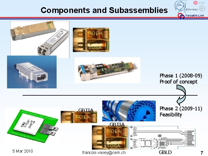 Components and Subassemblies Versatile Link ROSA TOSA Phase 1 (2008 -09) Proof of concept