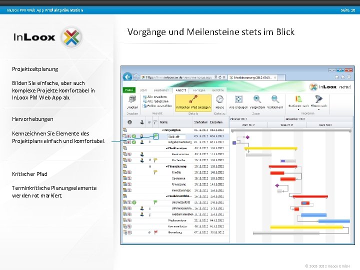 Seite 10 In. Loox PM Web App Produktpräsentation Vorgänge und Meilensteine stets im Blick