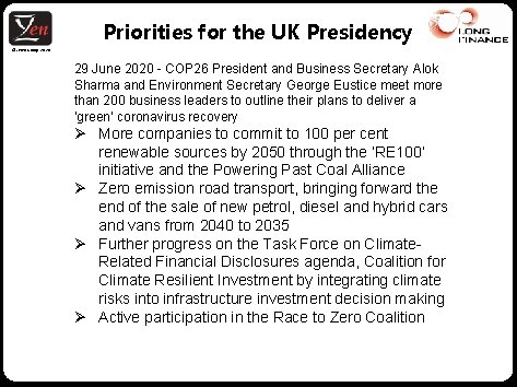 Priorities for the UK Presidency © Z/Yen Group, 2020 29 June 2020 - COP