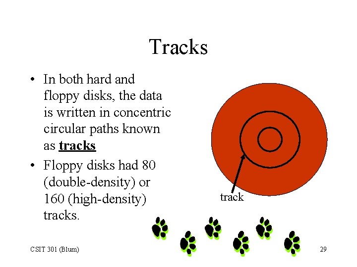 Tracks • In both hard and floppy disks, the data is written in concentric